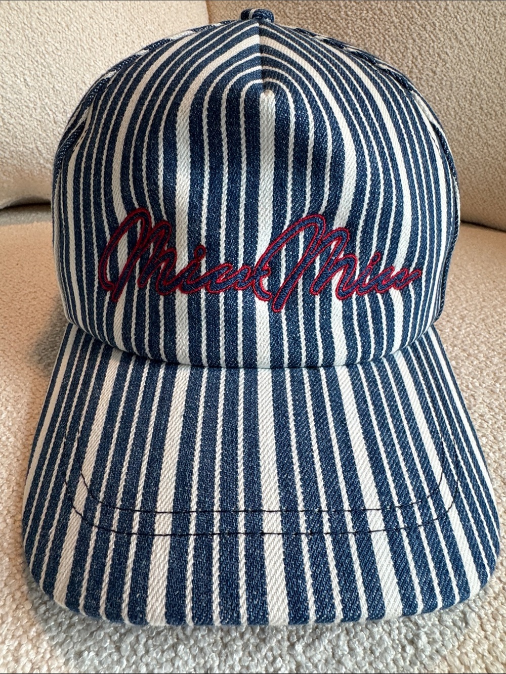 Miu Miu Denim Striped Baseball Hat with Red Script Logo